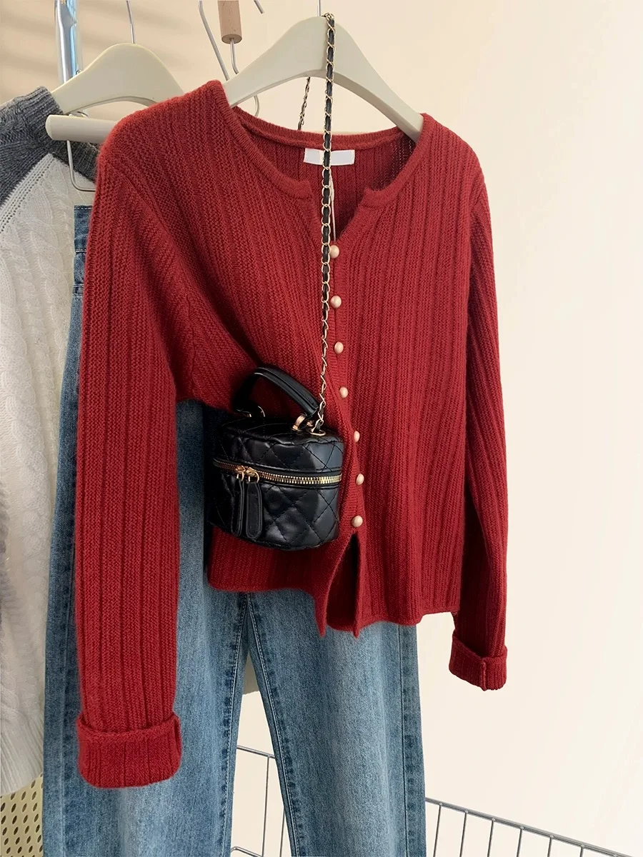 Red temperament shoulder small V-neck cashmere knit cardigan women\'s autumn and winter loose sweater wool coat base top