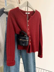 Red temperament shoulder small V-neck cashmere knit cardigan women's autumn and winter loose sweater wool coat base top