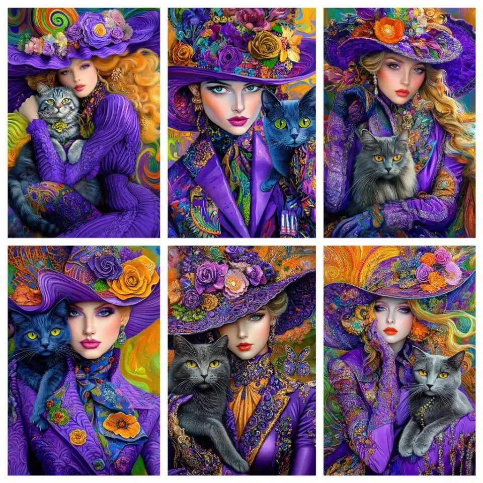 

Алмазная картина, Новое поступление, 2025 г., 5D, красочная большая шляпа, женщина, кошка, сделай сам, полная алмазная мозаика, наборы картин для вышивки, домашний декор, искусство