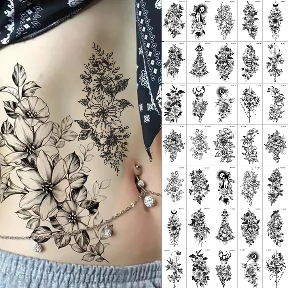 

35pcs Sexy Black Lips&Flower Temporary Tattoo Stickers 3D Self-adhesive Waterproof Realistic Sticker For Spine Back Arm Abdomen