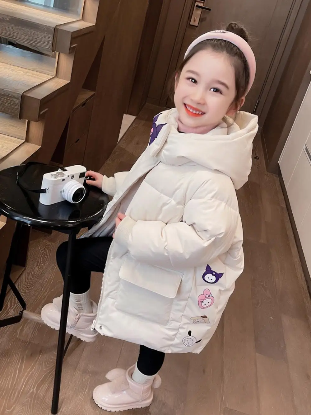 

Sanrio Kuromi хлопковое пальто средней длины для девочек, зимняя повседневная верхняя одежда, кавайные детские топы, куртка, пальто с героями мультфильмов, детская одежда