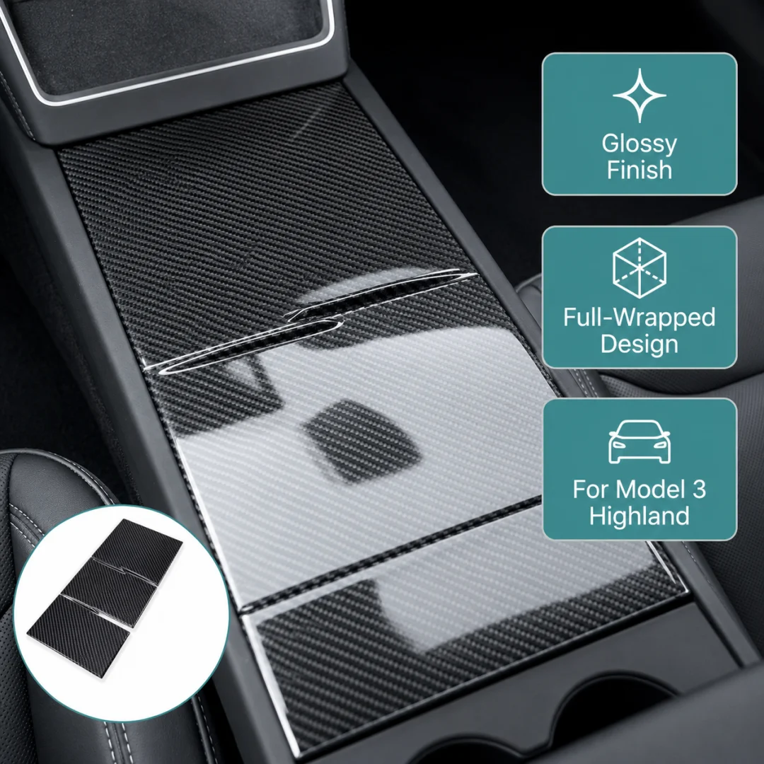 Real Dry Carbon Fiber Center Console Storage Cover 3PCS Full Wrapped Trim For Tesla Model 3 Highland 2024+ Glossy Matte.