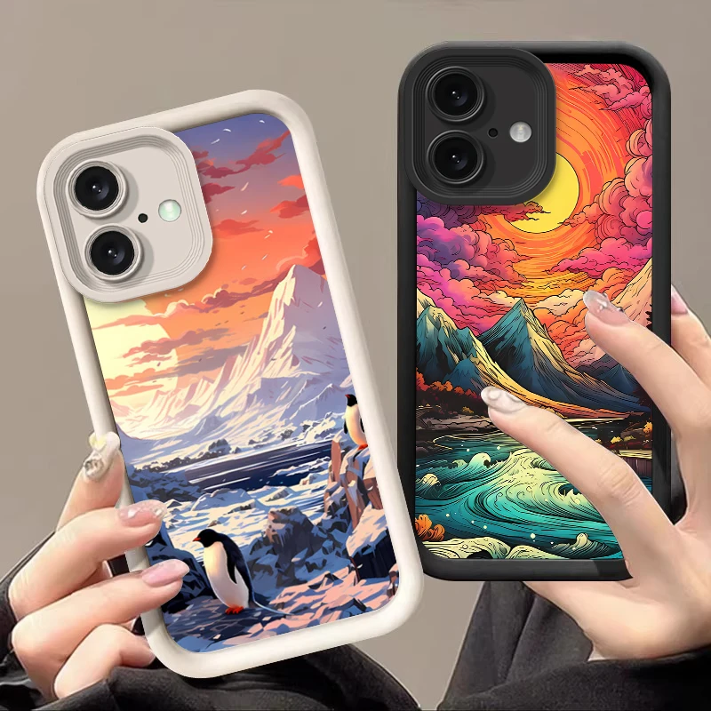 Cartoon scenery For IPhone 16 11 13 14 12 Pro Max 15 Plus SE 2020 X XR XS Max 8 7 Plus Mini black Soft Silicone Phone Case