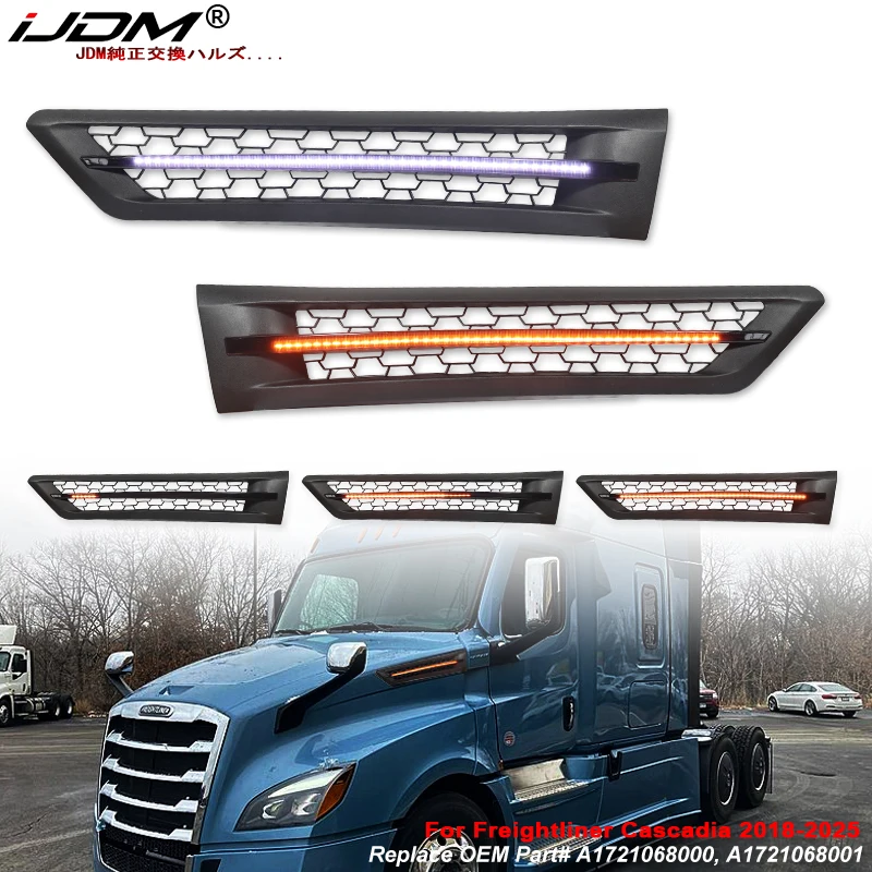 iJDM هود مصبغة تنفيس التبديل LED DRL لـ Freightliner Cascadia ، الأبيض LED DRL ، العنبر LED إشارة الانعطاف المتتابعة اللمبة 2018-25
