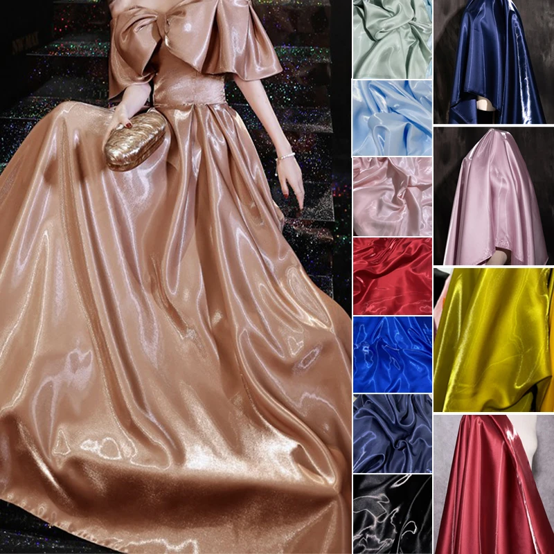 

Luxury Glossy Liquid Satin Metallic Fabric Solid Color Crystal Silk Satin Wedding Gift Clothing Designer Fabrics Textile