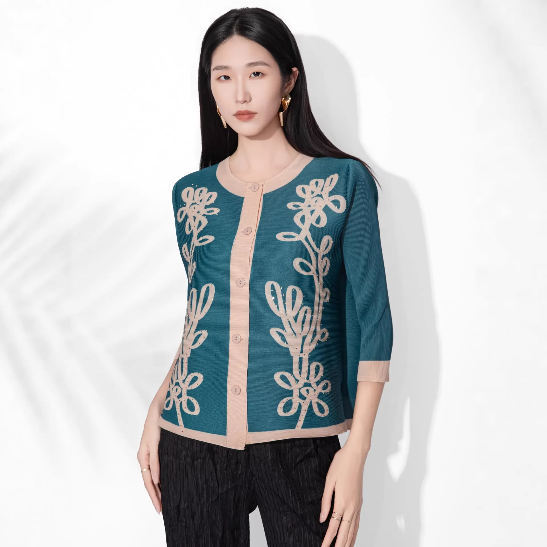 

miyake pleated cardigan top for women 2026 new retro embroidered beaded single-breasted cardigan loose shirt jacket for women
