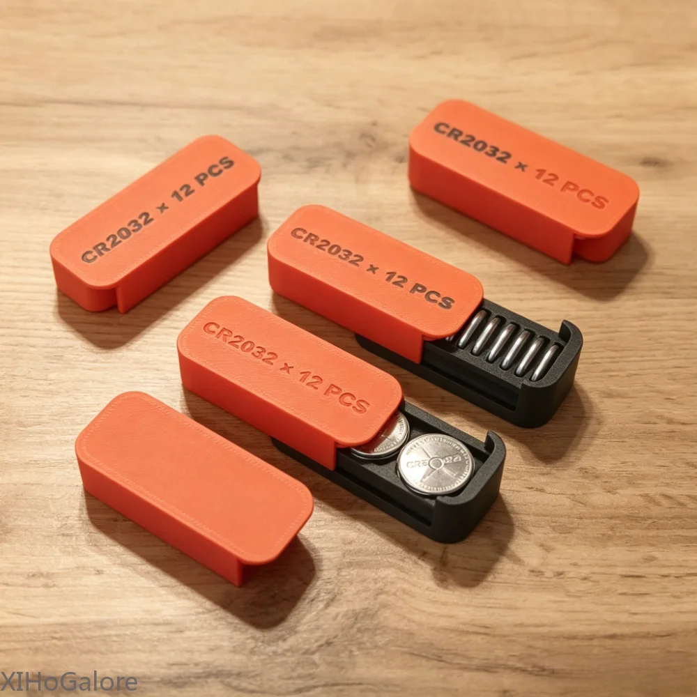 3D Printed XIHoGalore 12 Slots CR2032 Battery Storage Box Portable Stackable Secure Lid Coin Cell Organizer Home Workshop