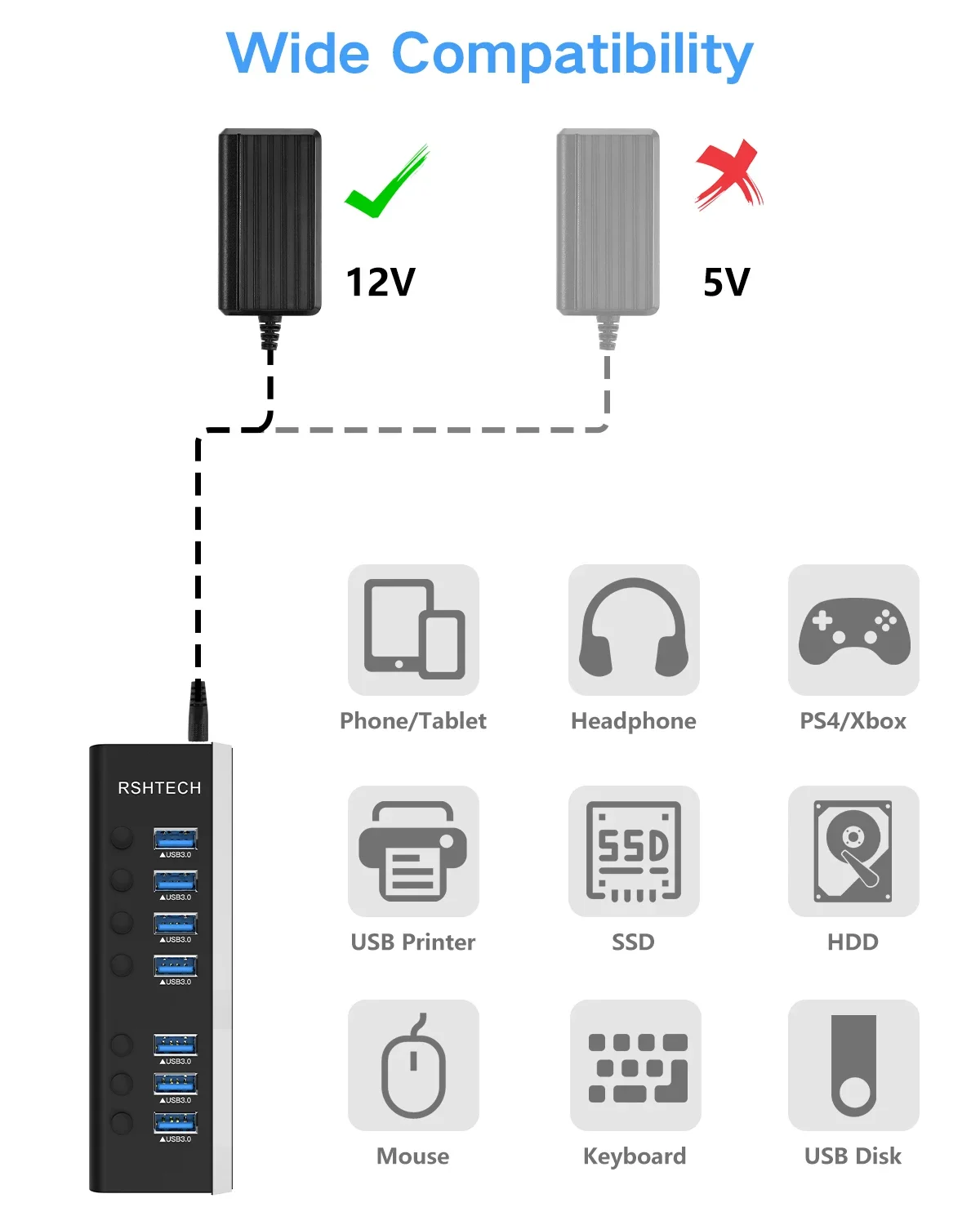 Imagem -06 - Rshtech-usb Hub com Adaptador de Energia 5gbps Portas Divisor de Dados Usb 3.0 12v 2a Interruptores Individuais Ligados e Desligados Expansor de Porta