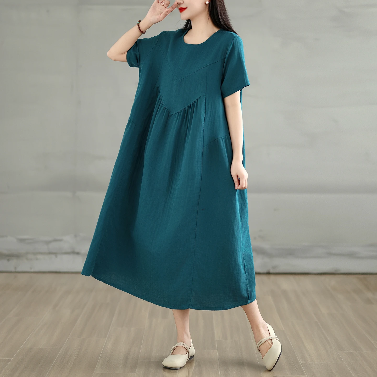 

Retro Cotton round Neck Short Sleeve Dress Women Loose plus Size Slimming A-Line Skirt Dress City Walk High Waist Spring Summer