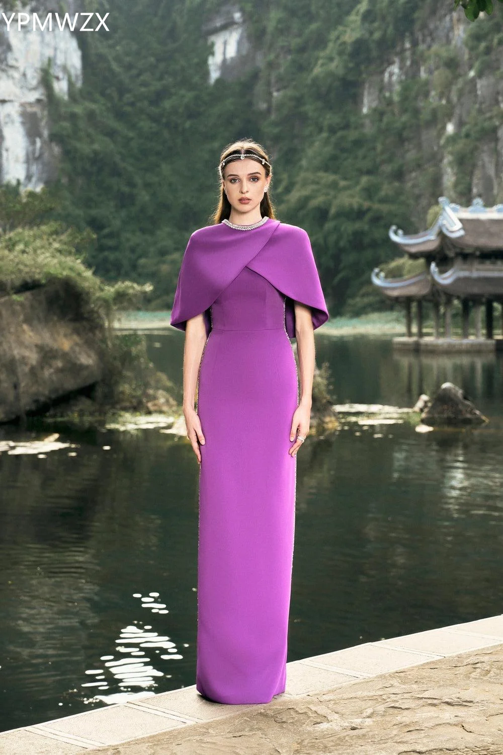 Customized Prom Gown Evening Women Party Occasion YPMWZX Scoop Neckline Column Floor Length Skirts Stole Bead Bespoke  D