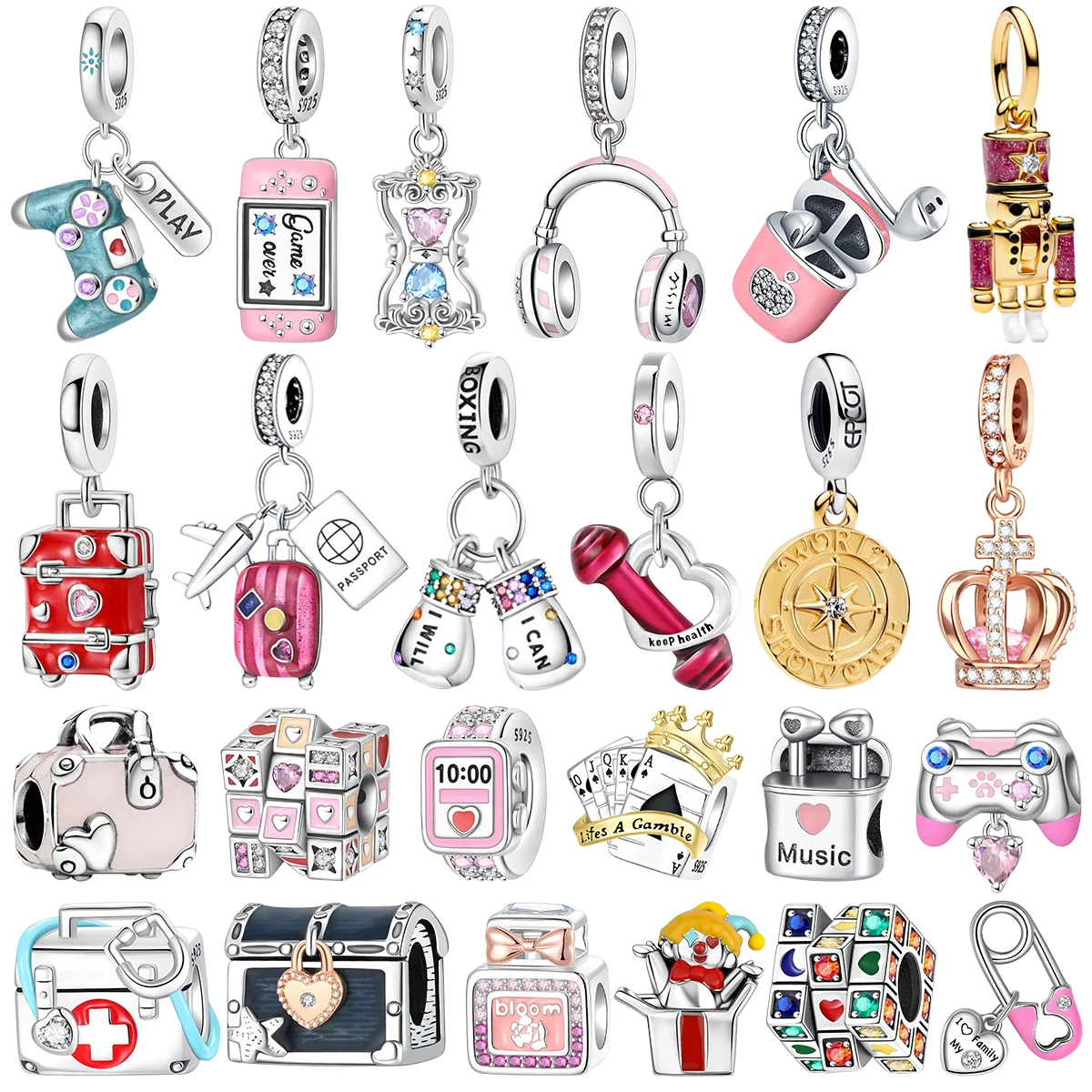 925 Silver Funny Pendant Charms Earphone Cube Watch Suitcase Clown Compass Dumbbell Beads DIY Bracelet Necklace Parts Jewelry
