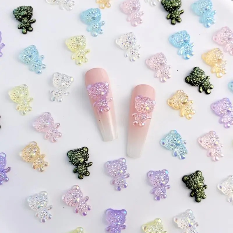 50Pcs 3D Transparent Bubble Bears Nail Charms Cartoon Solid Color Bear Nail Art Decorations Accessories for Manicure DIY