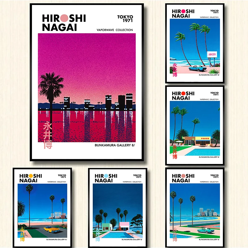 Vintage Nagai Hiroshi Vaporwave Japan Strand Stadt Sommer Wandkunst Leinwanddruck Wandbild Wohnzimmer Dekoration