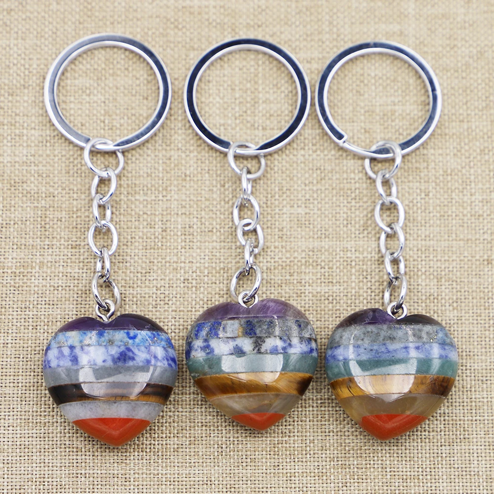 

Creative Natural Crystal Amethyst Jade Seven Colored Stone Keyring Love Reiki Healing Gem Fashion Keychain Ornament Pendant 3Pcs