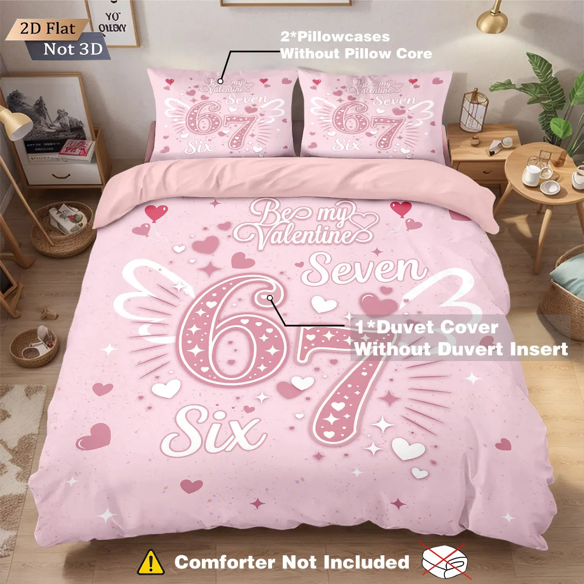 

3pcs Valentine's Day Pink 67 Element Print Coreless Down Duvet Cover Set Multi Size Bedding Holiday Decoration Machine Washable