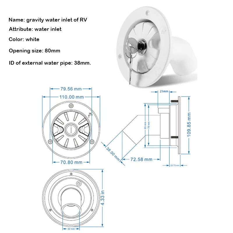 Gravity Water Inlet with Lock Water Tank Filling Port Camper Waterway RV System Boat Camper Trailer White Caravan Accessories