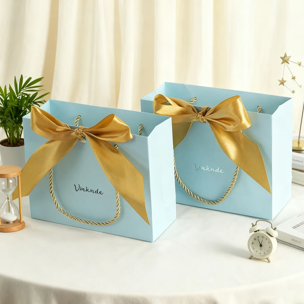 

24Pack Blue Gift Bag with Bow Ribbon Shopping Wedding Christmas Packaging Storage Bags For Jewelry Flowers Perfume Clothing Shoe