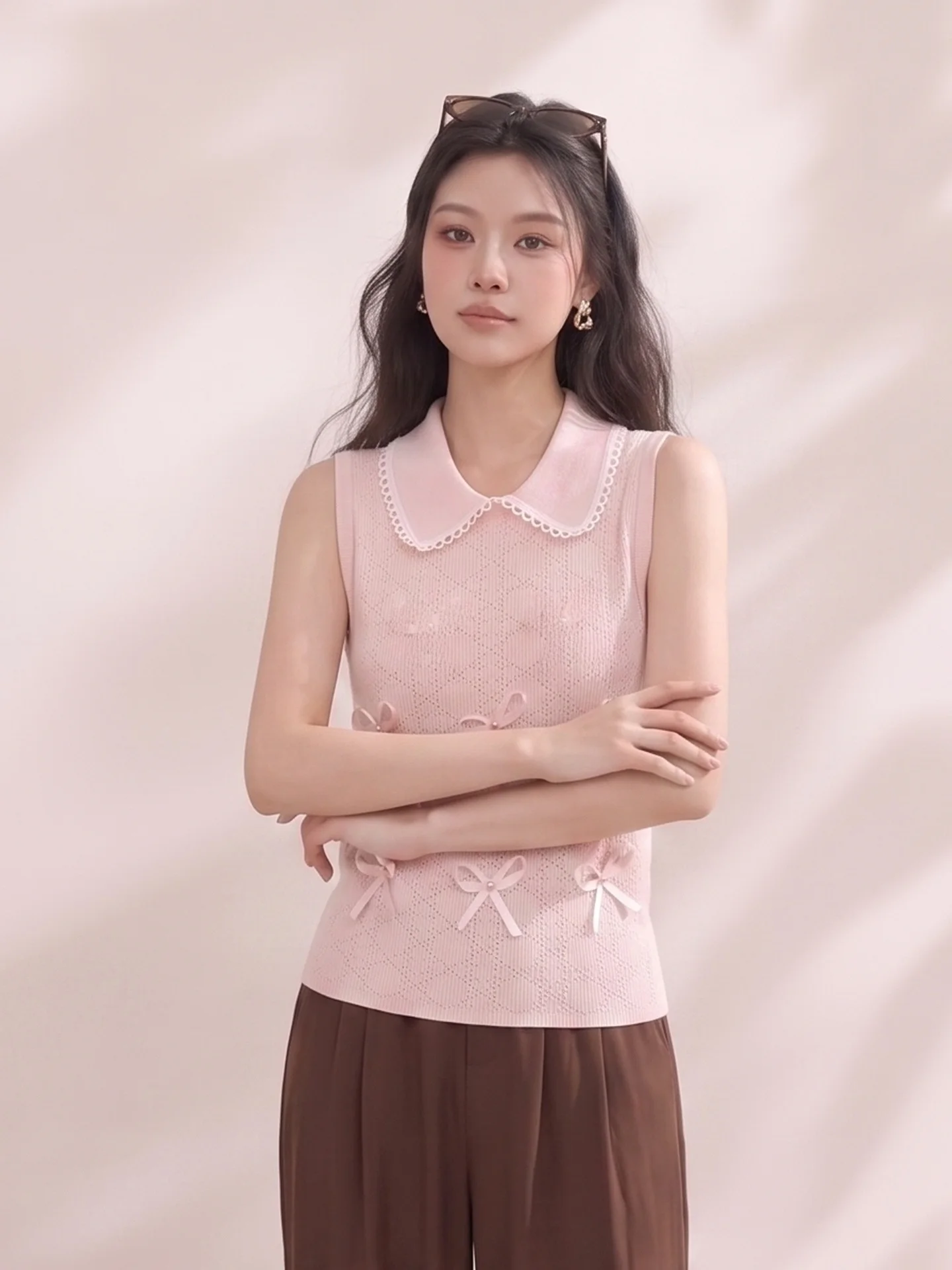 Sweet Lace Trimmed Babydoll Collar Beaded  Knot Vest Knitted Summer Slimming Sleeveless Shoulder Bared Women's Top