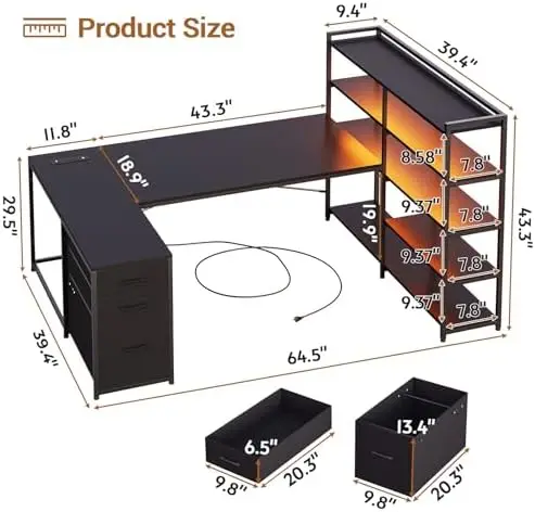 L Shaped Gaming Desk, Reversible U Shaped Computer Desk with Power Outlet and Storage Shelves, Corner Gaming Desk with
