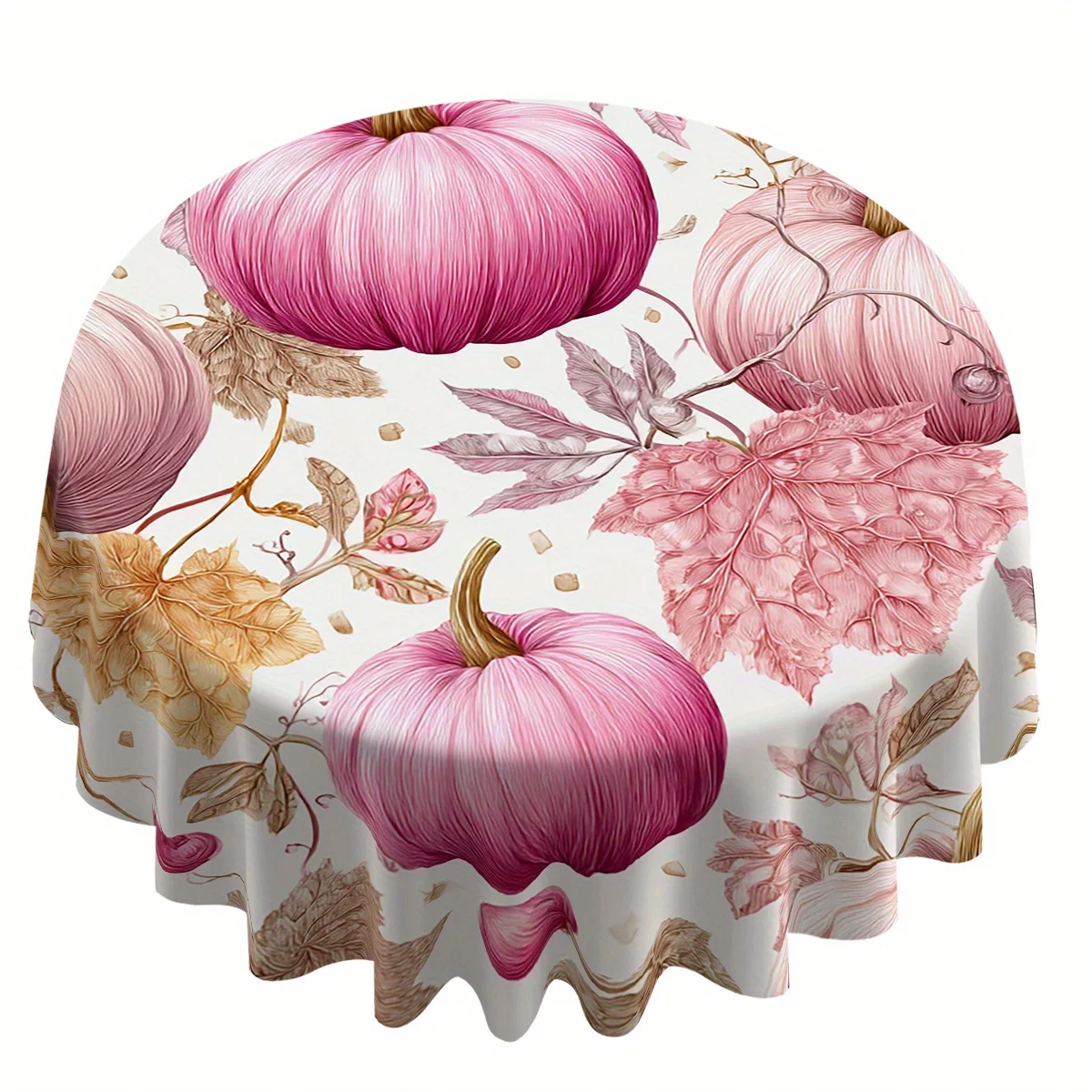 A 2D digital printed round tablecloth featuring a design of pink pumpkins and autumn leaveszyc