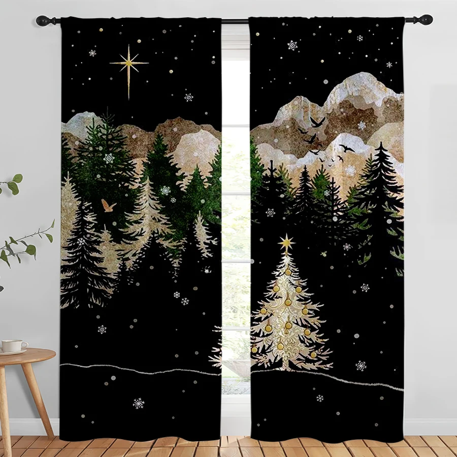 2PCS Digital Print Curtains, Night Forest Snow Mountain Golden Christmas Tree Star Birds, Dark Fantasy Collage Style - Christmas