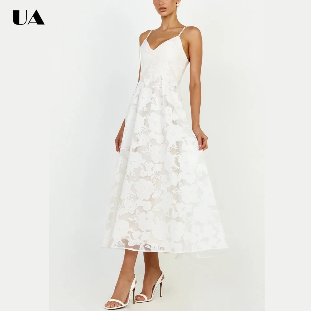 ULBYANRY Elegant A-line Flower Lace Prom Dress for Woman, Trendy Spaghetti Strap Party Dress, Customized Fashionable Midi Dress