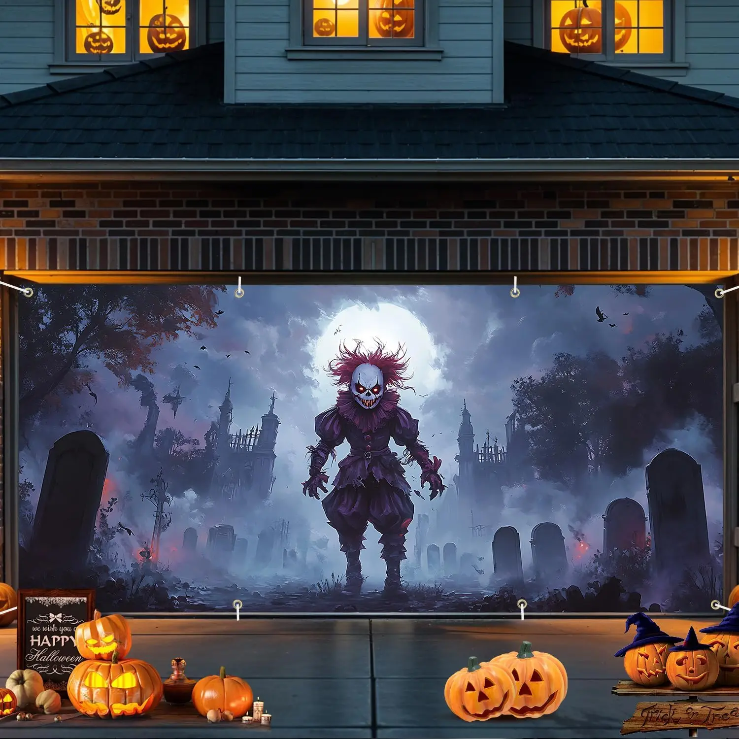 

Страшный клоун-баннер для гаражных ворот — украшение на Хэллоуин с привидениями кладбища для вечеринок и мероприятий на открытом воздухе