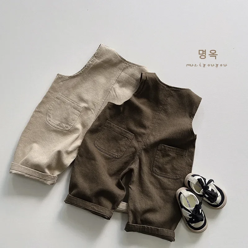 Autumn Boy Girl Children Retro Pockets Overalls Kids Loose Casual Suspenders Jumpsuit Baby Cotton Pants Infant All-match Trouser