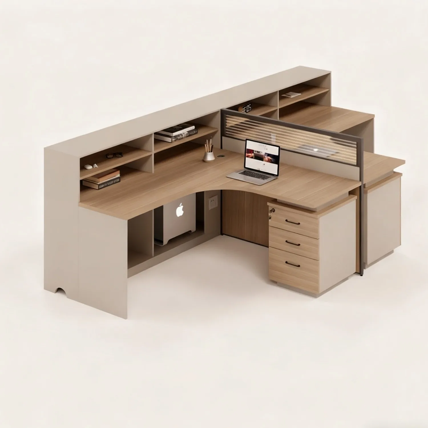 Table de bureau double en forme de L pour 3 personnes, avec sièges et chaises pour le personnel