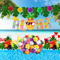 Hawaiian Luau Party Aloha Banner Hibiscus Flowers Palm Leaves Sea Wave Tablecloth for Tropical Party Beach Birthday Decorations