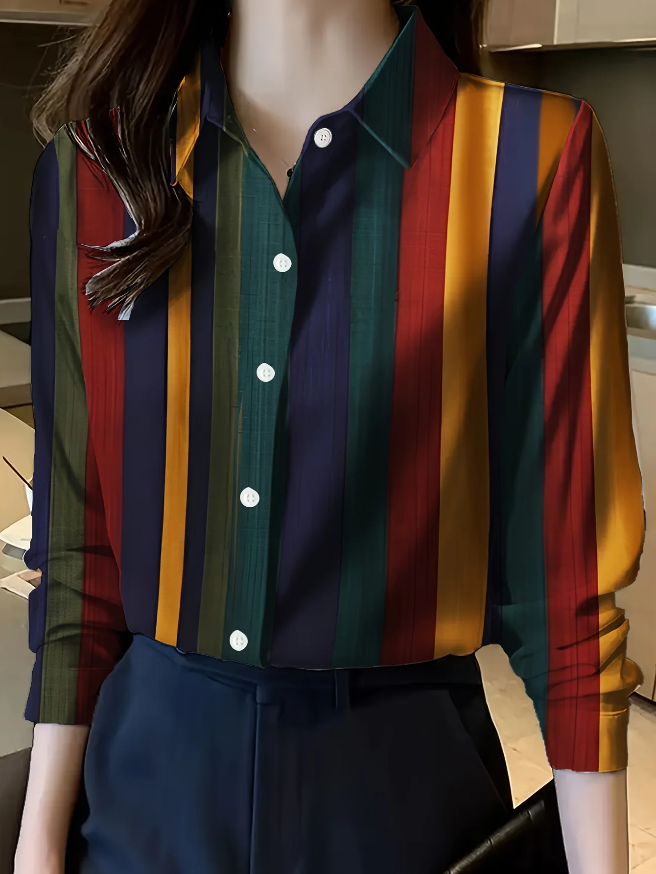 

2025 Women's Spring Summer Long Sleeve Shirt Striped Printed Comfortable And Breathable Lapel Design Women Button Down Shirt Top