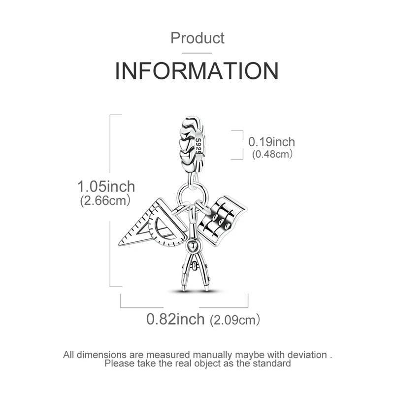 Hot Sale 925 Sterling Silver Ruler Book Compass Pendant Charms Jewellery Fit Original 925 Bracelet Necklace for Women DIY Gift