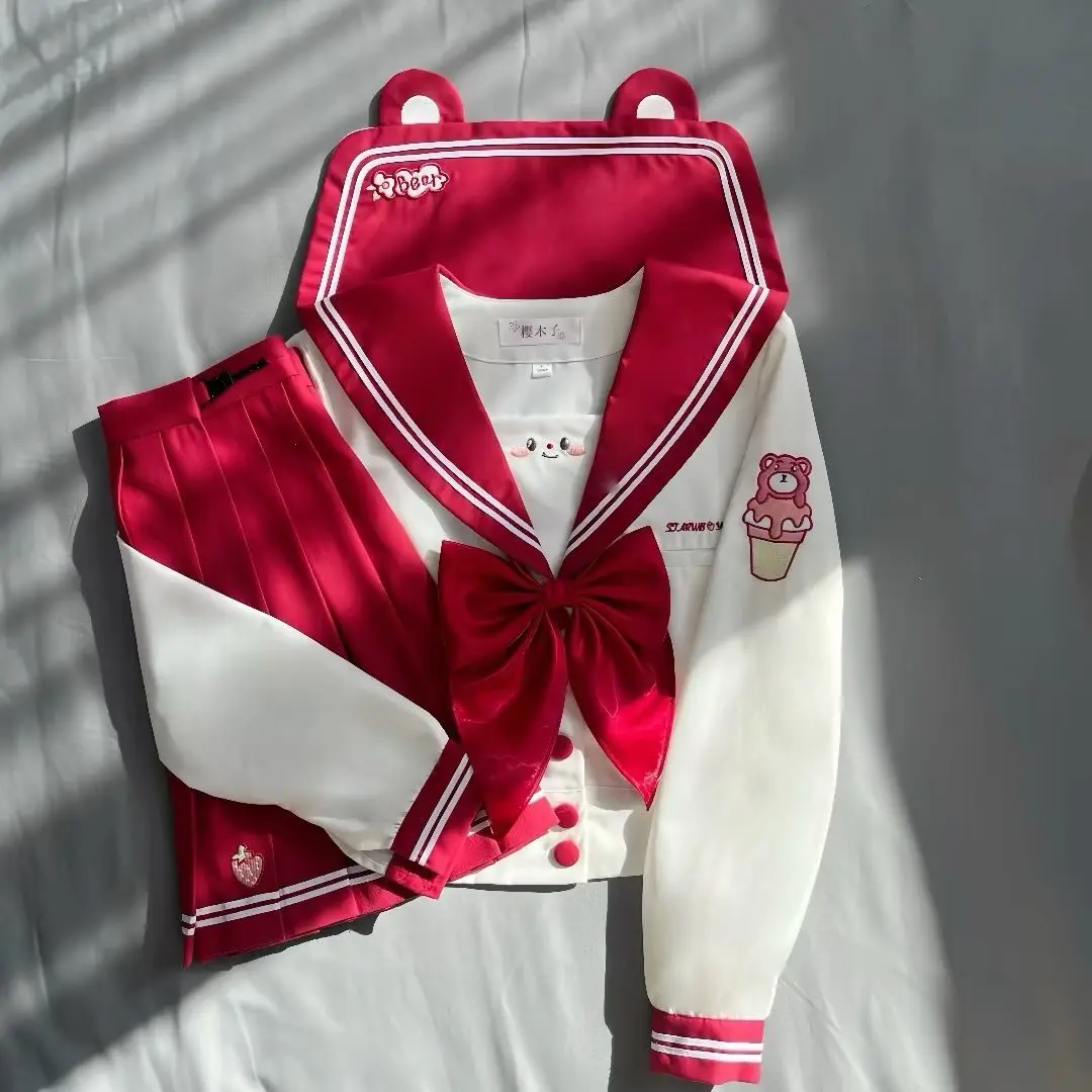 Rode beer patroon JK afslankuniform Japanse stijl taille-cincerend matrozenpakje College lange set met korte mouwen Authentiek schattig