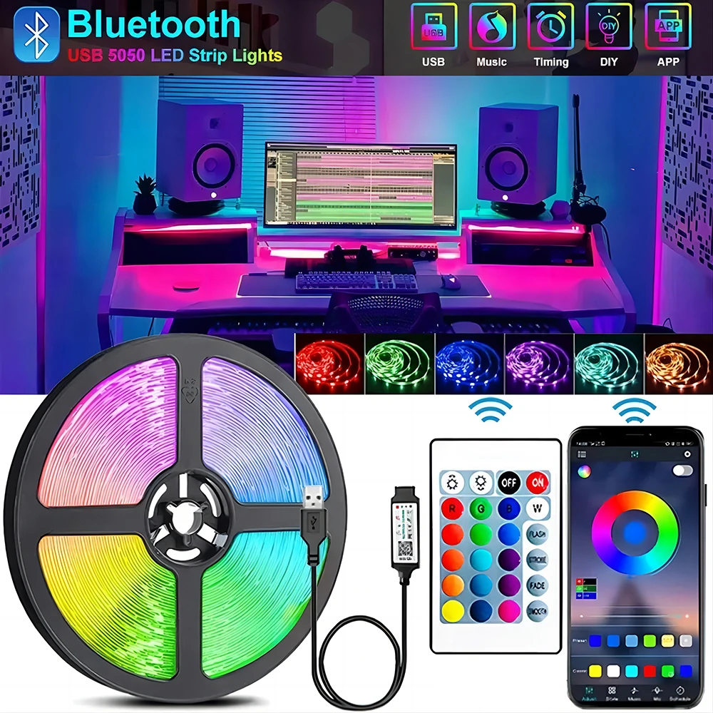 RGB 5050 LED Strip Light USB DC5V 24Keys Remote Control Color Change Tape Lamp for Christmas Bedroom TV Decoration