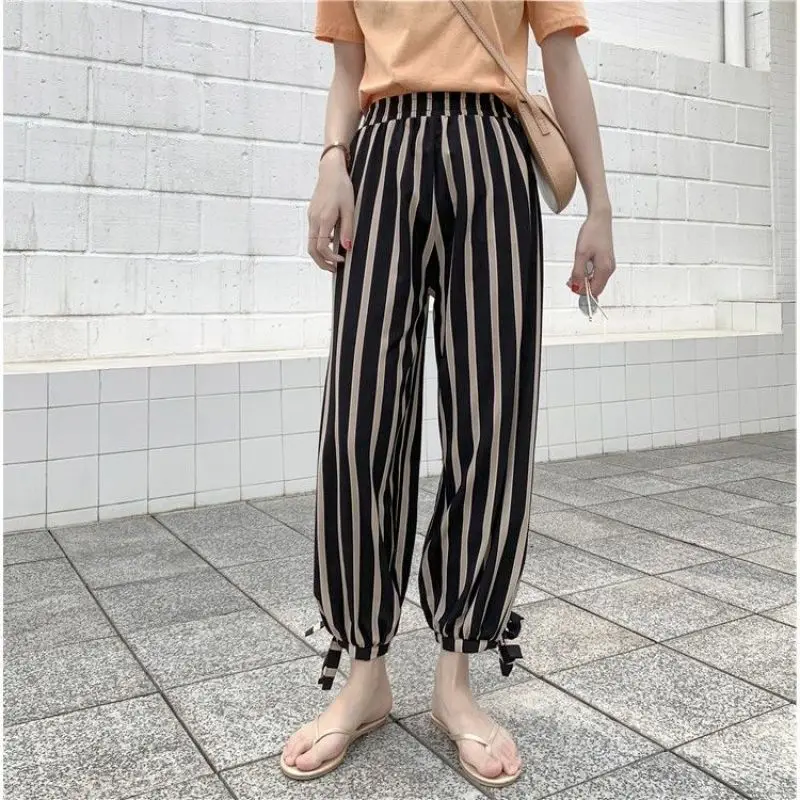 2024 Summer Trend Fashion Loose Casual Oversized Ultra-thin and Comfortable High Waisted Striped Hooded Lantern Pants for Women