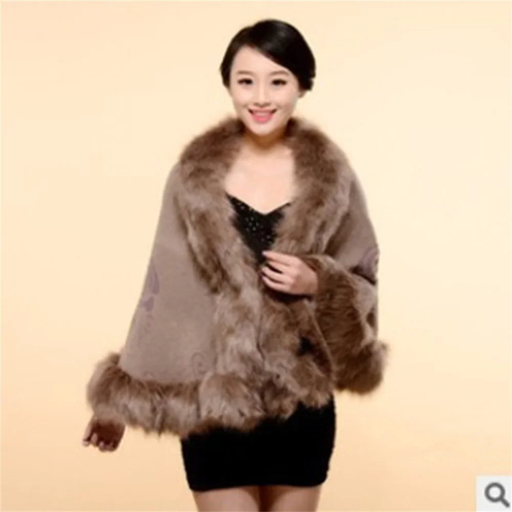 13 Colors Faux Fox Fur Collar Wool Cashmere Poncho Capes New Winter Women Black White Knitted Cardigan Loose Emboss Shawl Coat