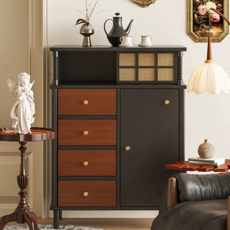 Retro American Rattan Chest Red Black Vertical Wall Cabinet Bedroom Drawer Storage Unit Simple Furniture