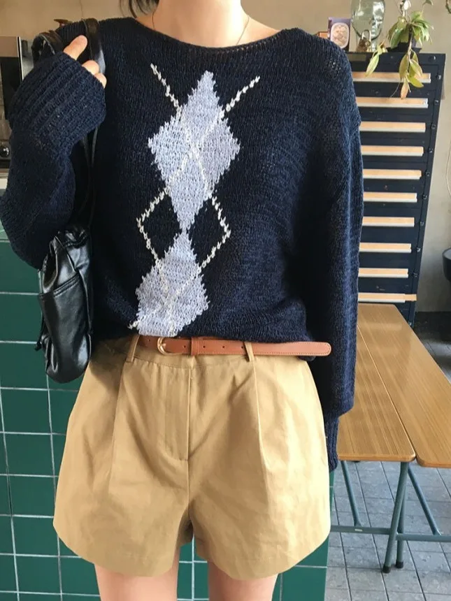 Suéter de punto de manga larga para mujer, Top versátil y sin edad, estilo universitario Vintage, patrón de diamantes, princi...