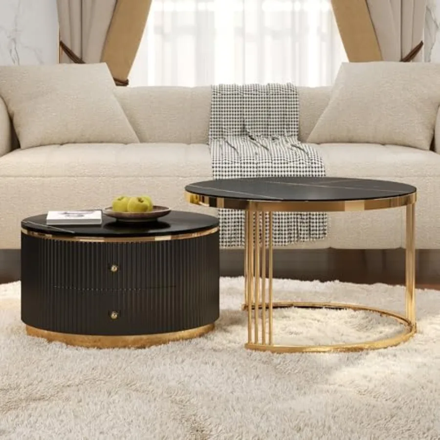 

Modern Round Nesting Coffee Table Set with Drawers, 2-Piece Black MDF Tops, Electroplated Gold Metal Legs, 27.6 x 27.6 x 17.3 I
