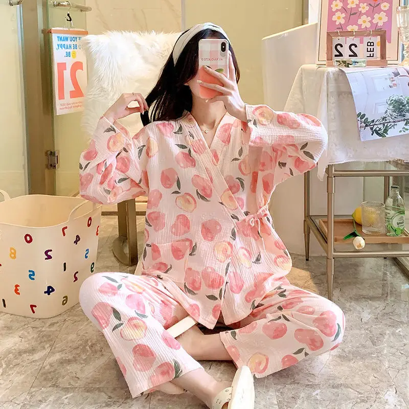 Kimono pajamas women's spring and autumn pijama mujer long-sleeved pyjama pour femme 2023 new cute peach home clothes