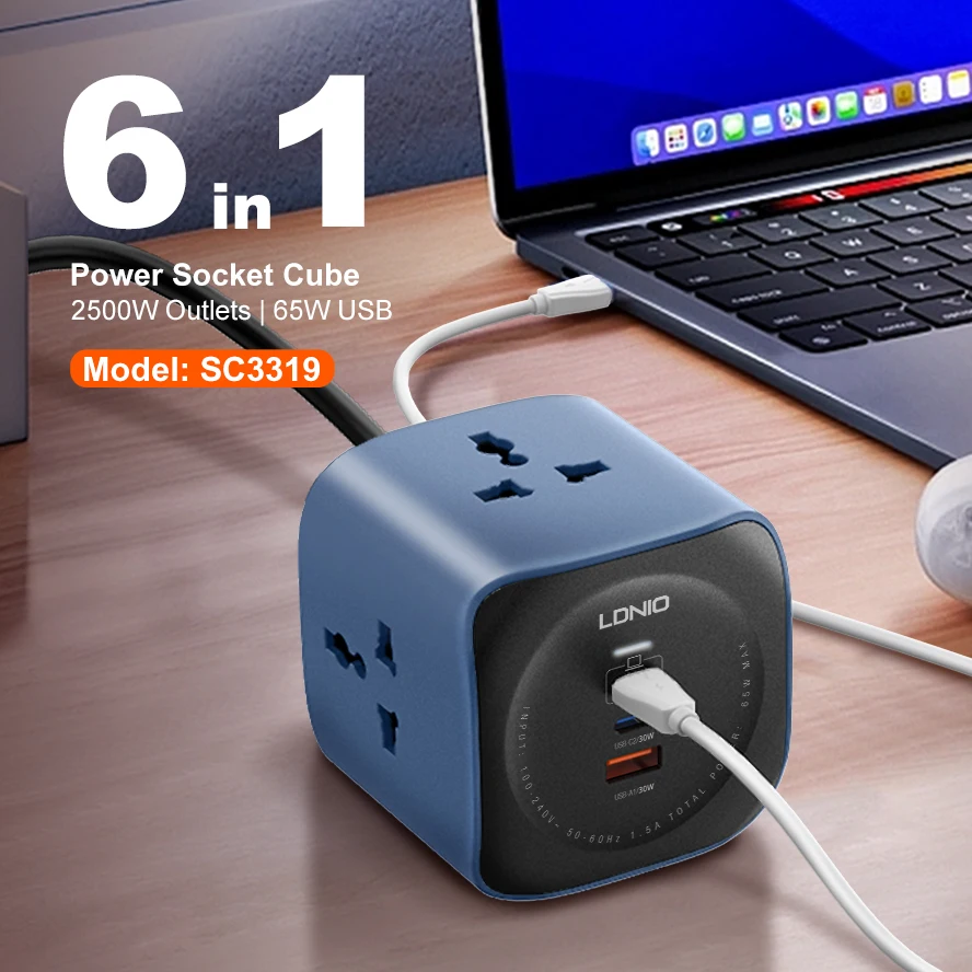 LDNIO cube power strip 65W with surge protection 2M extension cord  multiple outlets EU/UK/US plugs USB C Ports Fast Charging