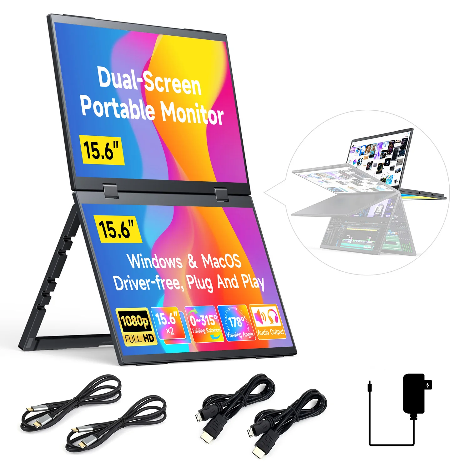 Waveshare 15.6inch Dual-Screen Portable Monitor, Dual-1080p High Definition Foldable Screen, 100%sRGB, 178° Wide Viewing