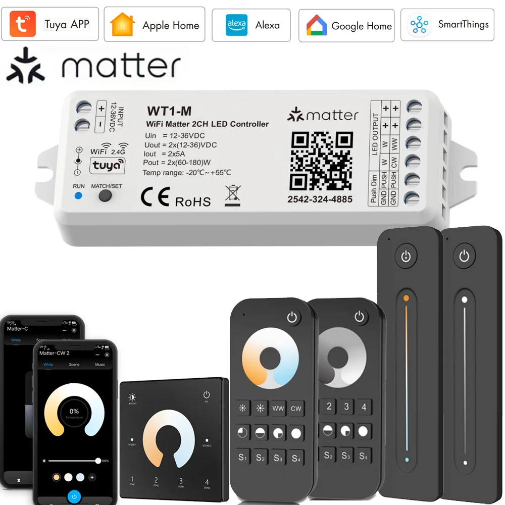 WiFi Matter 2CH LED Controller DC12V 24V 2CH*5A WW CW CCT Controller 2.4G RF Remote Dimming for Tuya Homekit Alexa SmartThings