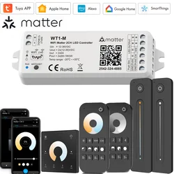 WiFi Matter 2CH LED Controller DC12V 24V 2CH*5A WW CW CCT Controller 2.4G RF Remote Dimming for Tuya Homekit Alexa SmartThings