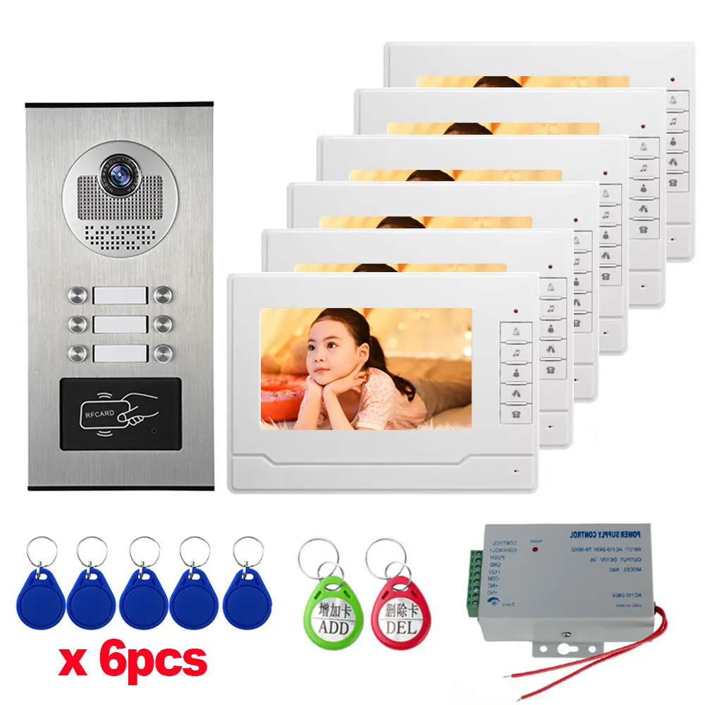 Units Apartment Intercom System Video Intercom Video Door Phone Kit 7 Inch Monitor with RFID keyfobs for 3 / 6 Household