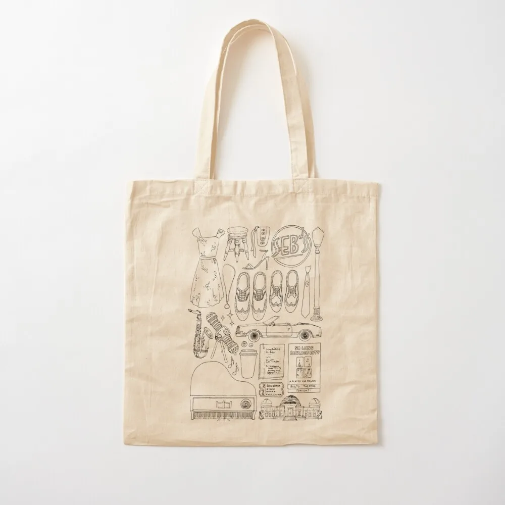 La La Land Flatlay Illustration Black White Line Drawing Tote Bag custom canvas bag canvas tote bags Canvas Tote Bag