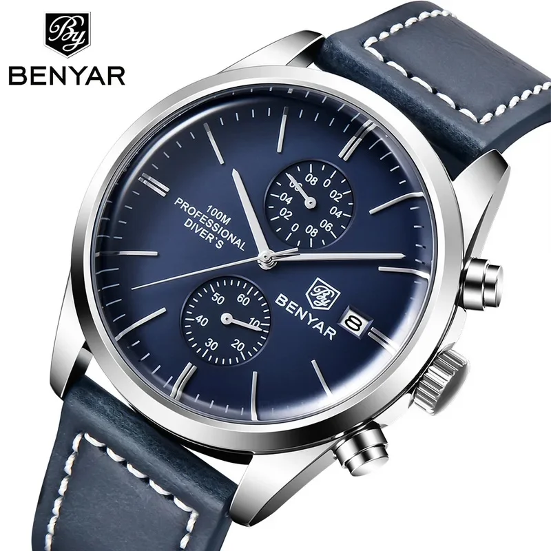 Latest BENYAR Leather Men Quartz Wristwatches Luxury Brand 100M Waterproof Men Watch Military Sports Chronograph Watch For Men