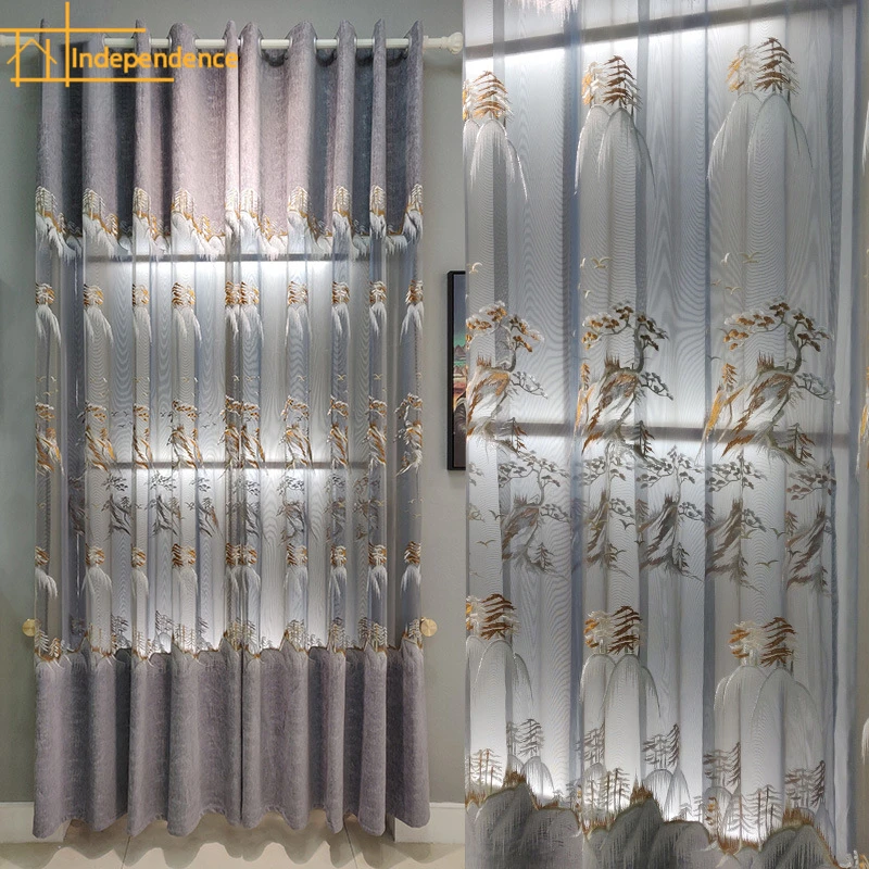 

New Chinese Hollow Embroidered Window Screen Thickened Chenille Curtains for Living Room Bedroom Study Balcony French Window