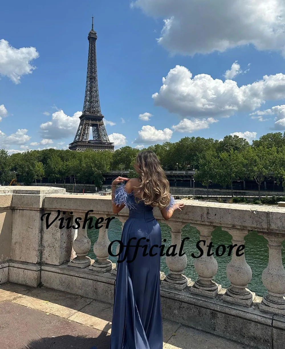 Viisher Blue Mermaid Evening Dresses Feather Off Shoulder Pleats Satin Long Formal Prom Dress with Train Arabic Evening Gowns