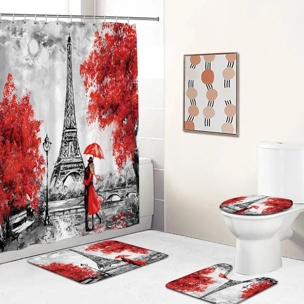 Paris Tower Shower Curtain Set High-heels Red Lipsticks Romantic Couple Bathroom Curtain Non-slip Bath Mat Toilet Lid Cover